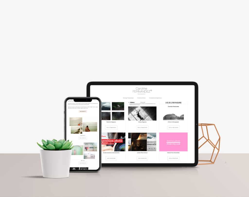 Site internet pour une photographe, design épuré avec des touches de rose poudré mettant en avant ses photographie